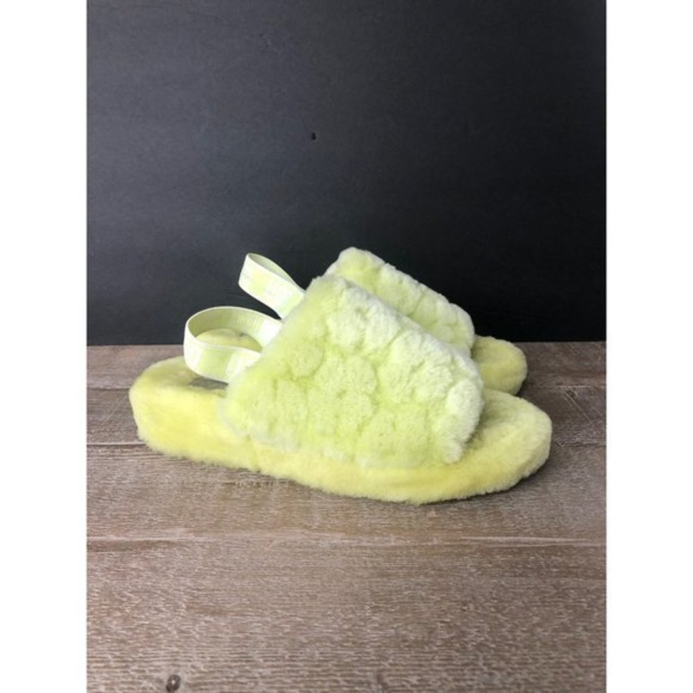 UGG Fluff Yeah Women's neon lime slide sandal logo strap size 11 - Picture 1 of 9
